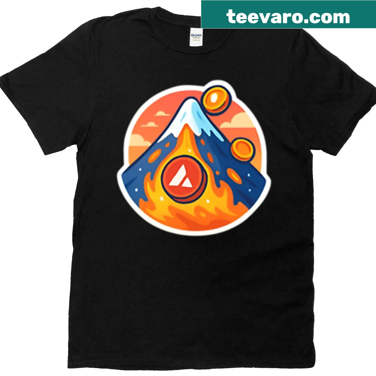 Avalanche volcano design with crypto coins illustrated on T-shirt — on a men's t-shirt