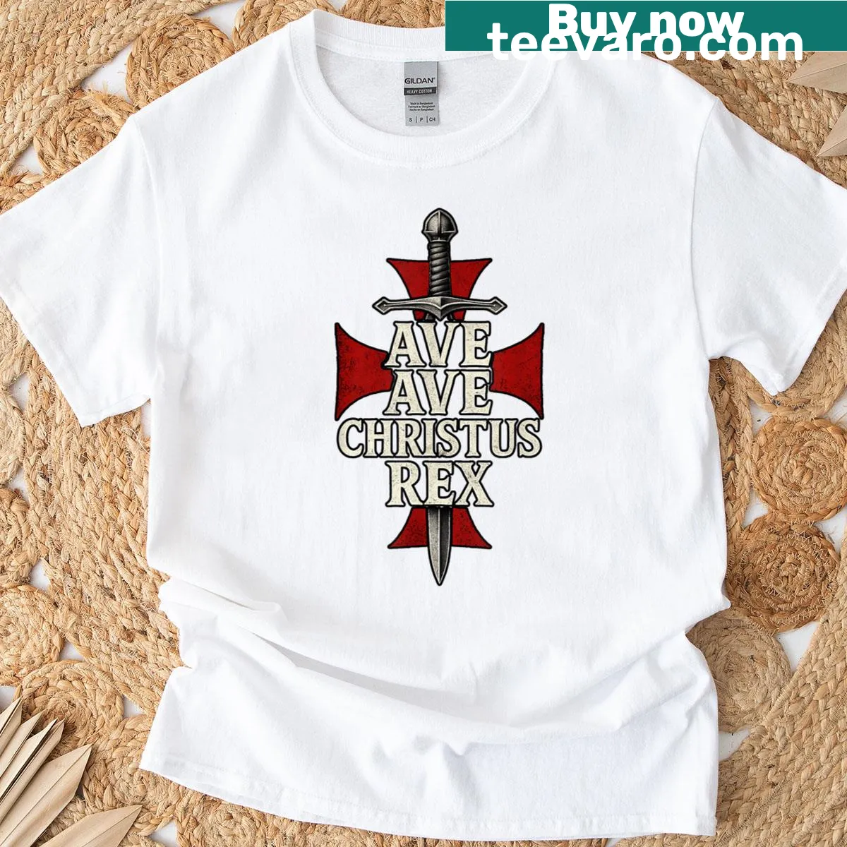 Powerful typography t-shirt with 'Ave Christus Rex' text — on a men's t-shirt