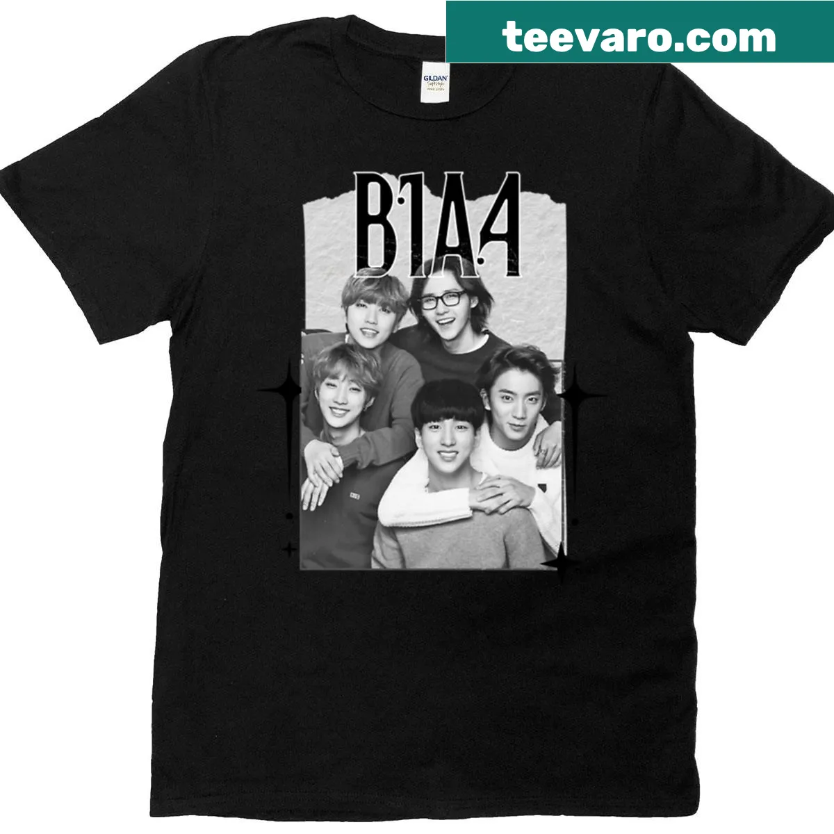 Vintage scrapbook collage of B1A4 Kpop group on t-shirt — on a men's t-shirt