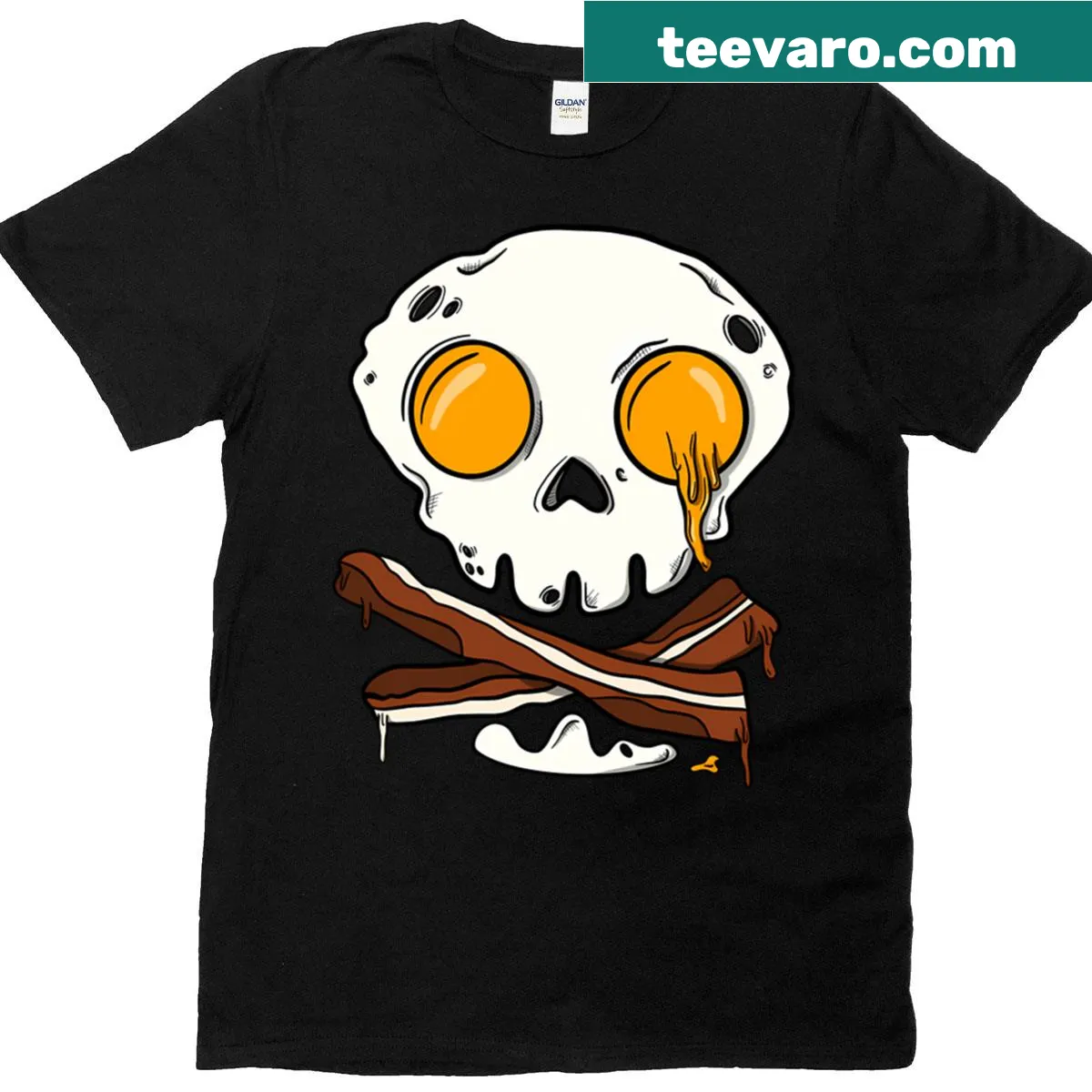 Bacon and eggs skull and crossbones T-shirt with playful breakfast design — on a men's t-shirt