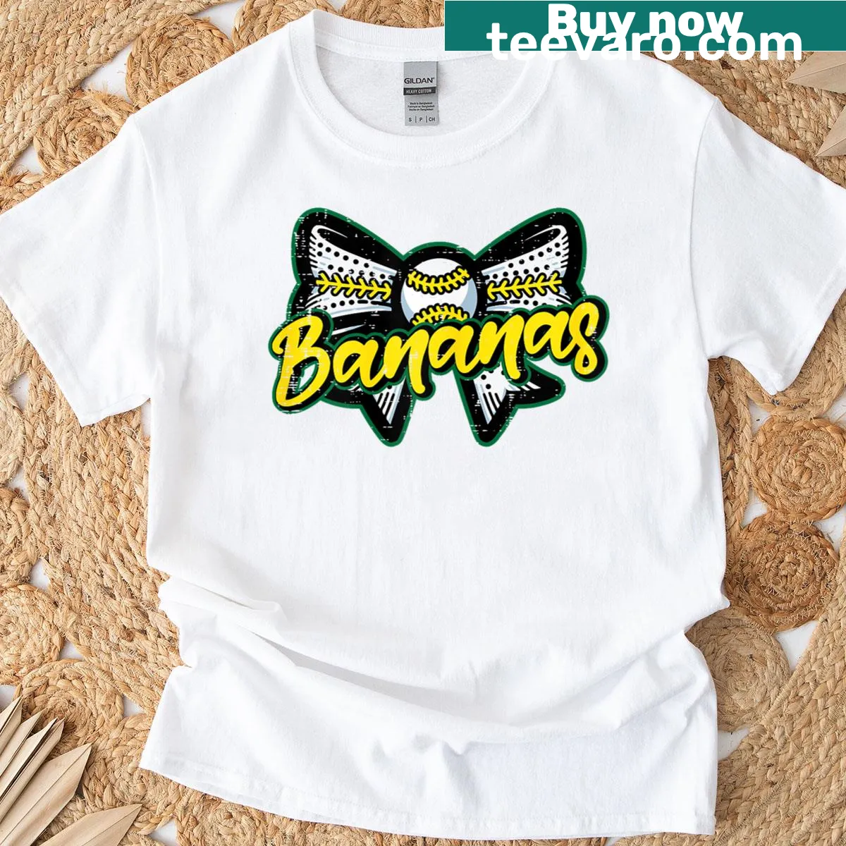 Cute banana graphic with bow design on a t-shirt — on a men's t-shirt