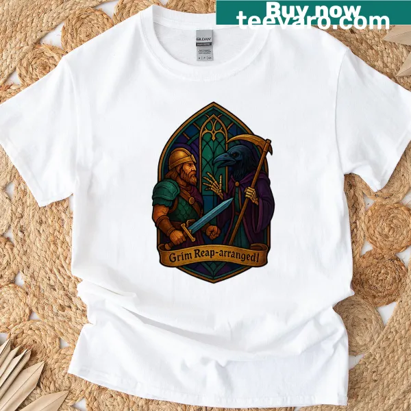 Vintage-style Grim Reaper graphic on a t-shirt with a barbarian theme