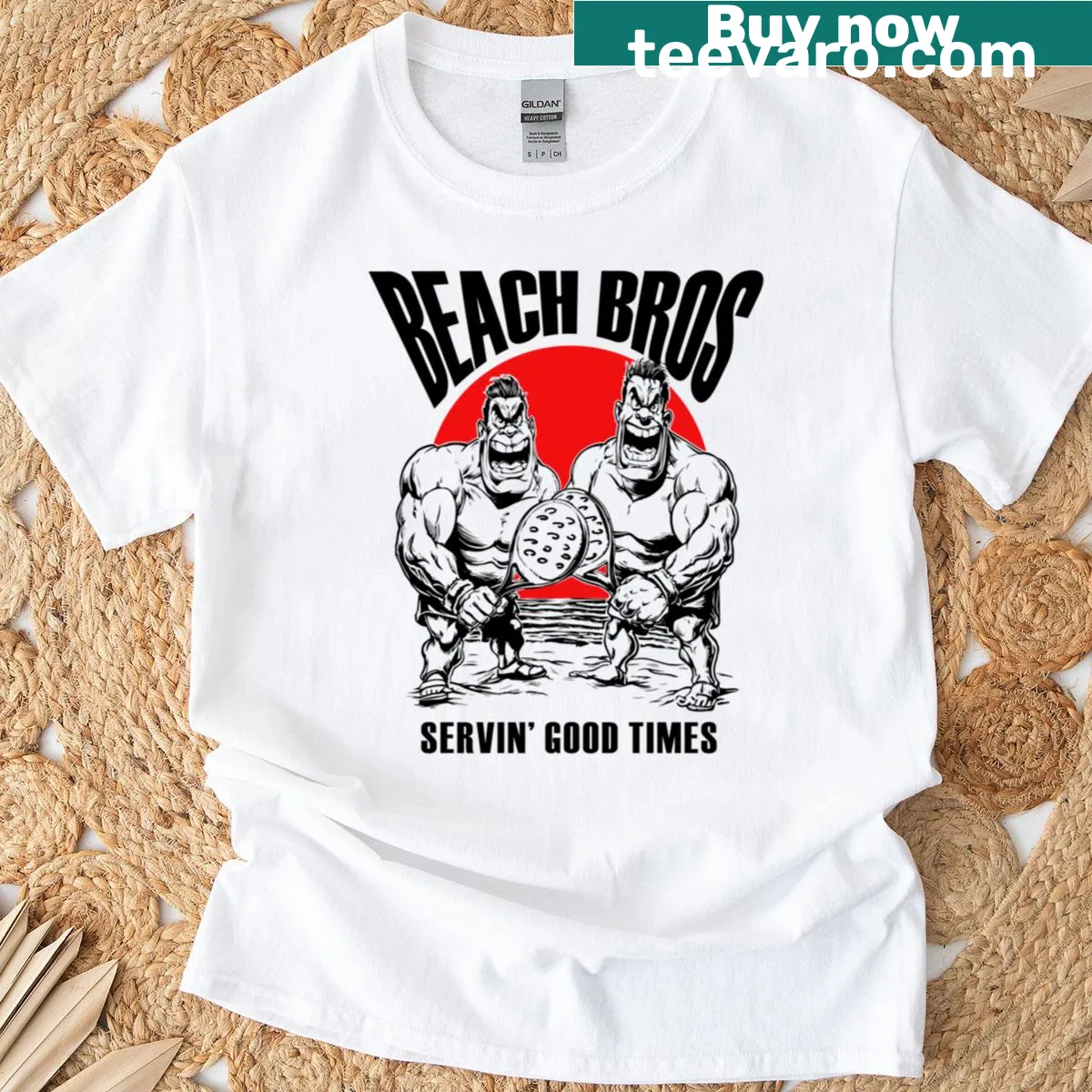 Cartoon T-shirt featuring beach bros enjoying good times — on a men's t-shirt