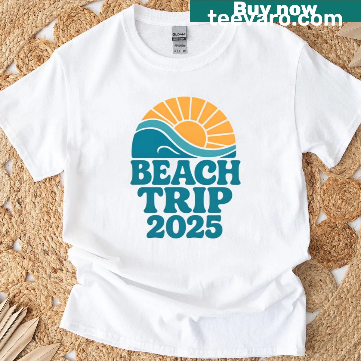 Retro beach sunset and ocean waves graphic t-shirt — on a men's t-shirt