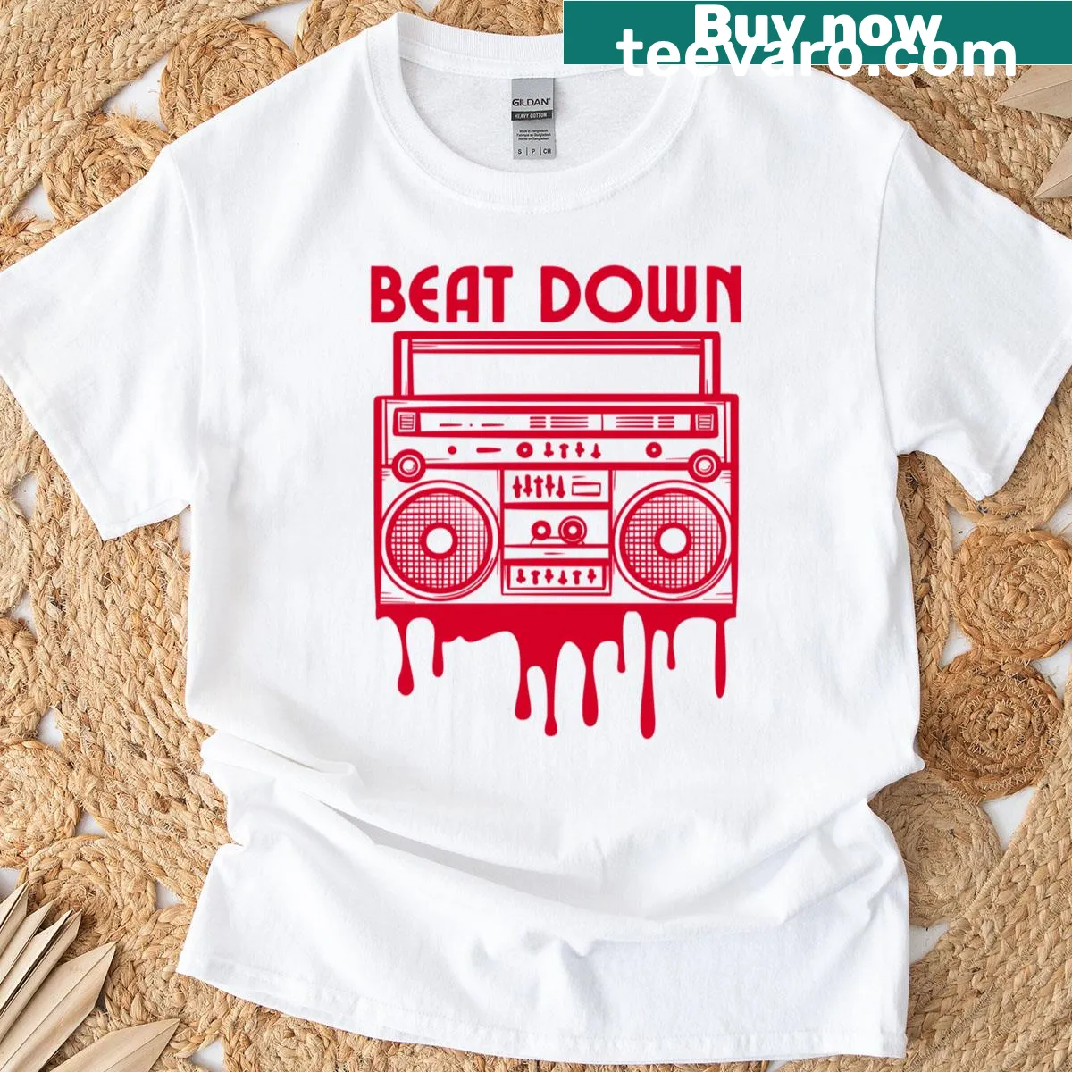 Retro melting boombox graphic on playful t-shirt — on a men's t-shirt