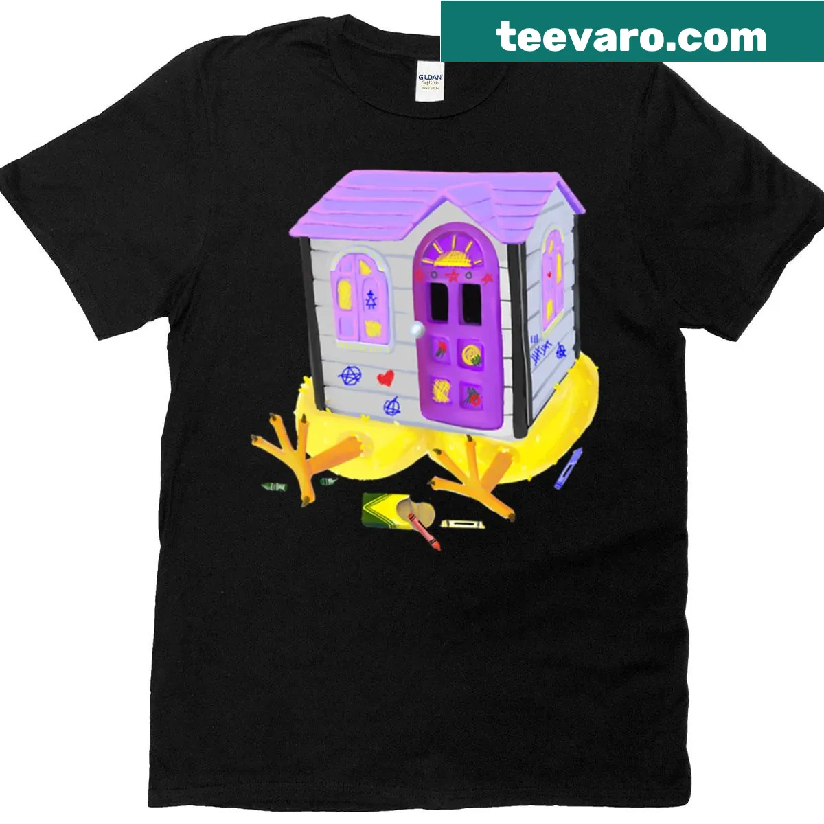 Cartoon chick on a whimsical hut, inspired by Baba Yaga. — on a men's t-shirt