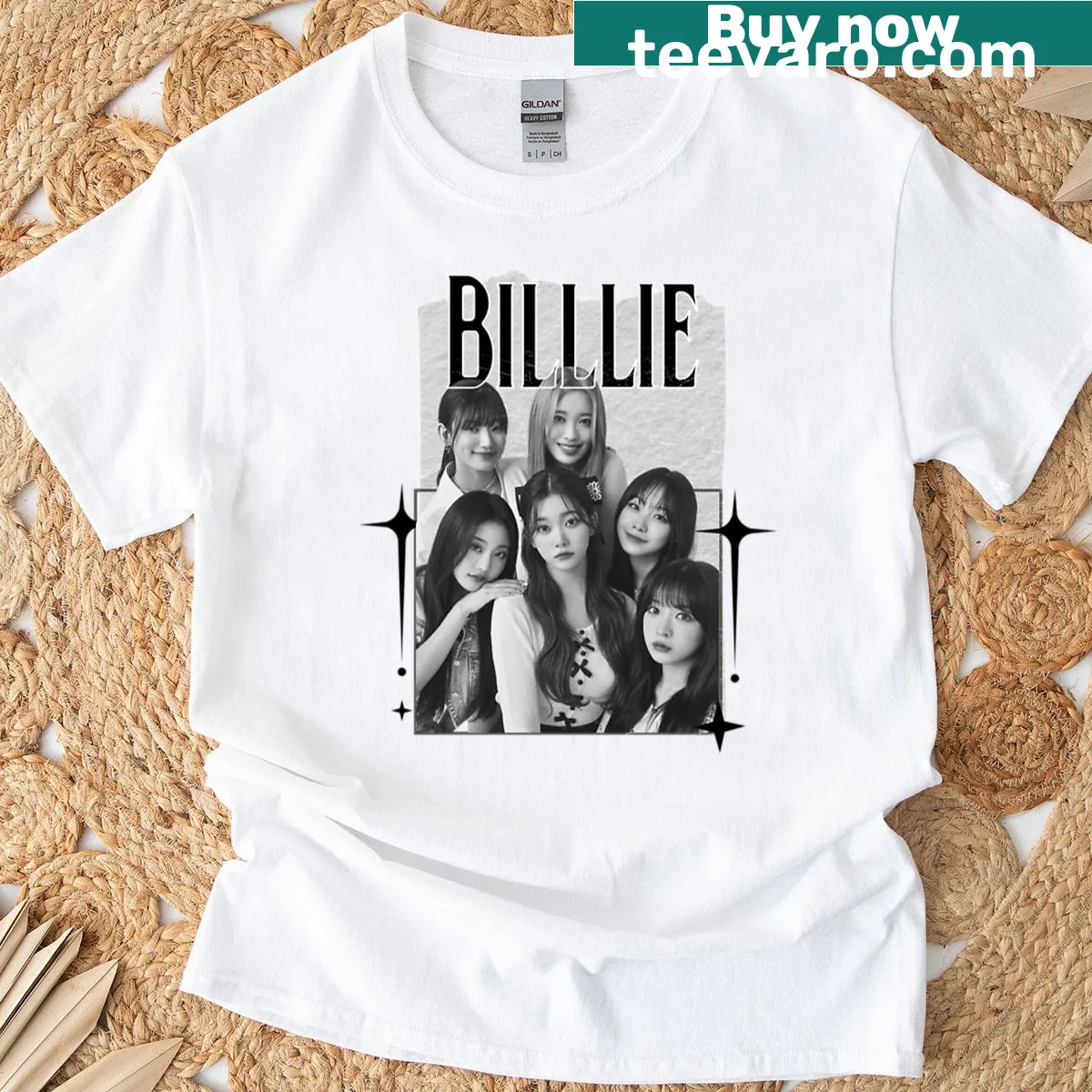 Y2K vintage design T-shirt featuring Billlie Kpop girl group collage — on a men's t-shirt