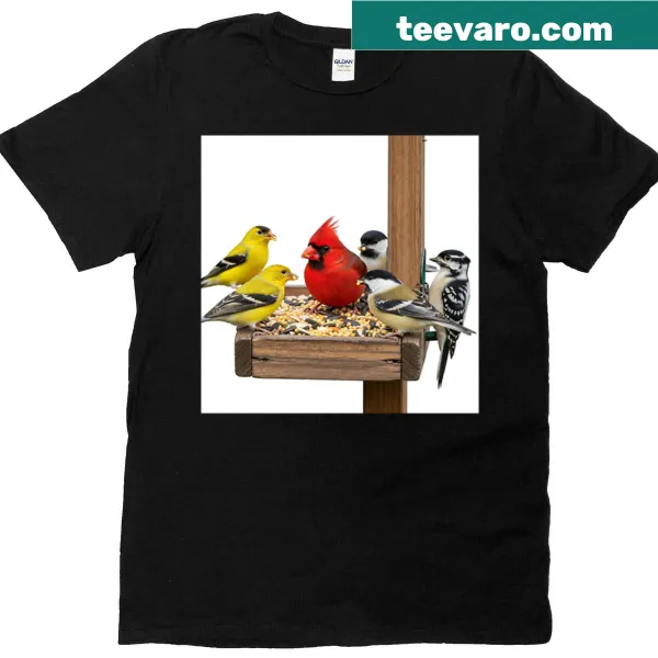 T-shirt featuring whimsical birds around a bird feeder illustration