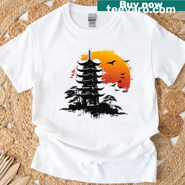 Illustrated pagoda surrounded by birds on a t-shirt