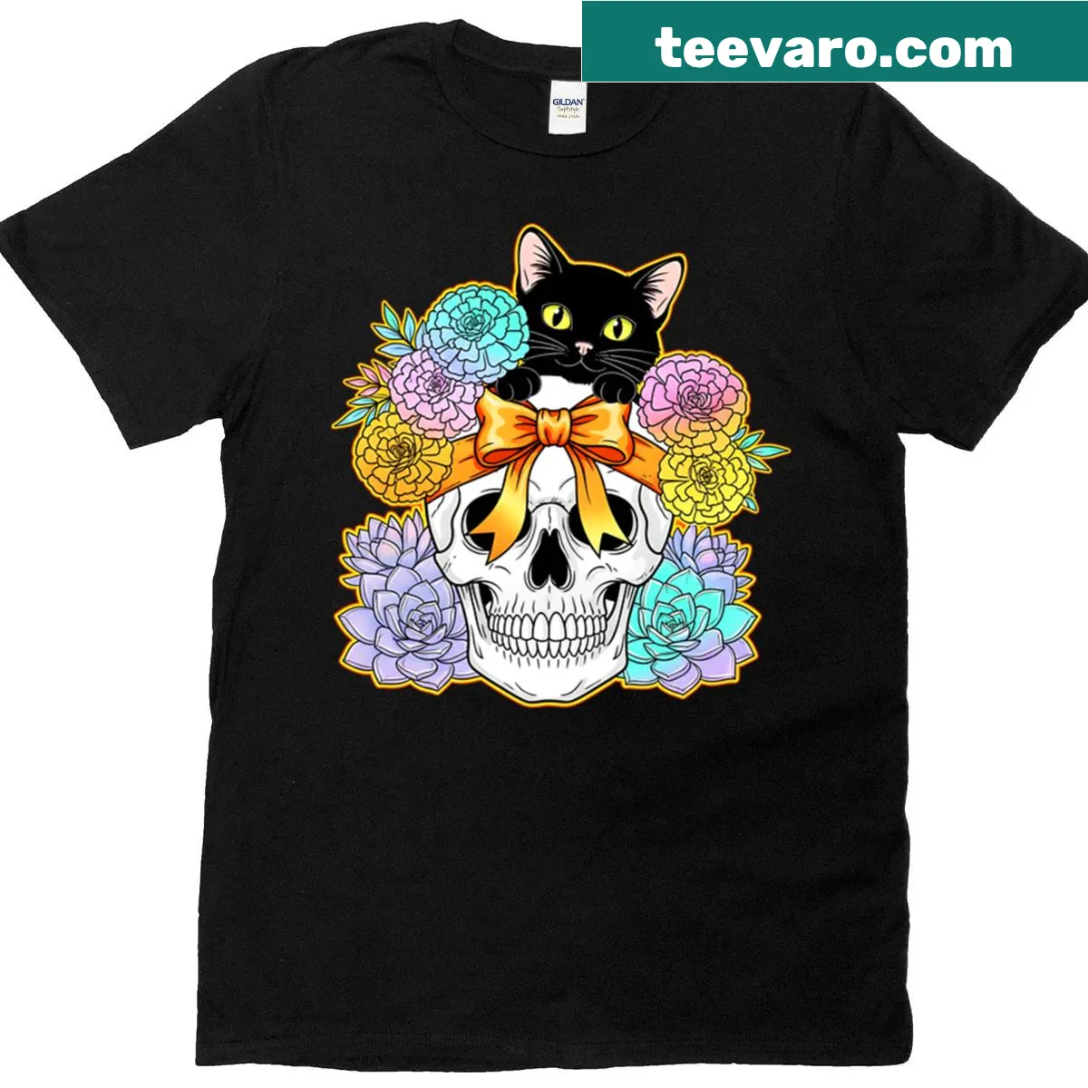 Gothic illustration of a black cat with skulls and flowers on a T-shirt — on a men's t-shirt