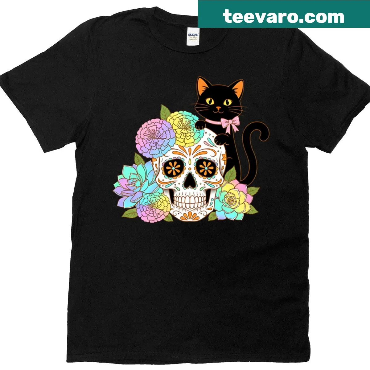 Pastel sugar skull cat illustration on T-shirt for Day of the Dead — on a men's t-shirt