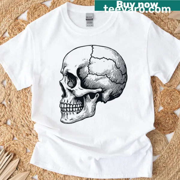 Minimalist black skull graphic on a T-shirt