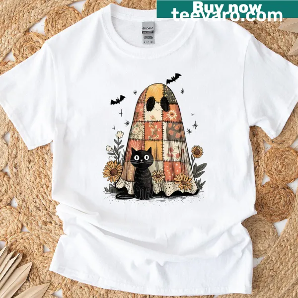 Boho floral black cat and ghost graphic for Halloween