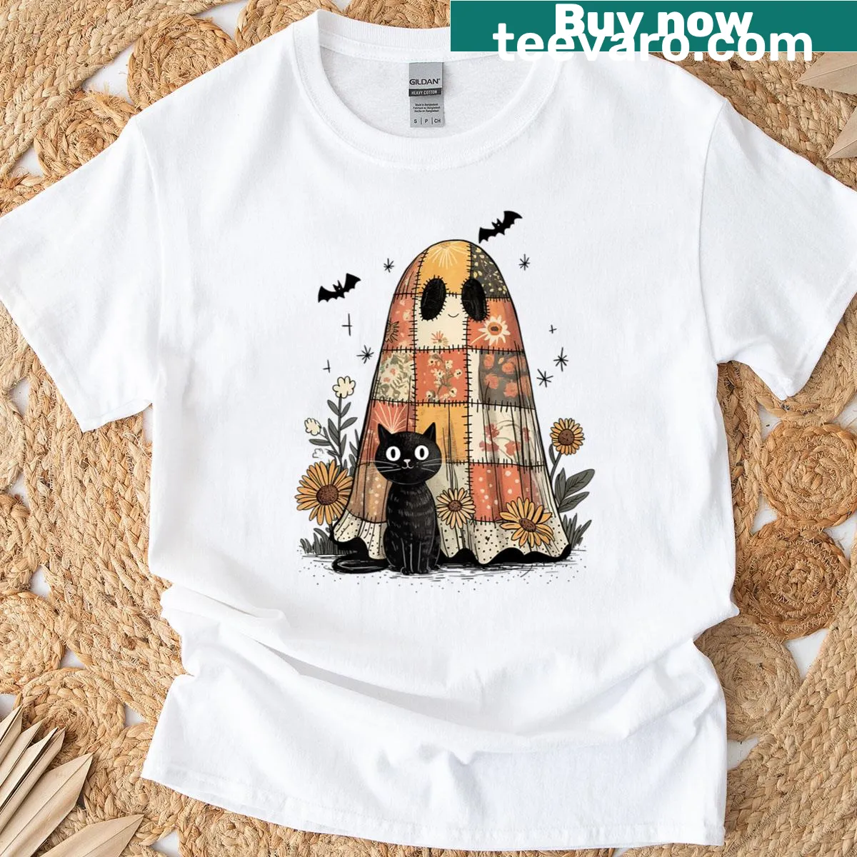 Boho floral black cat and ghost graphic for Halloween — on a men's t-shirt