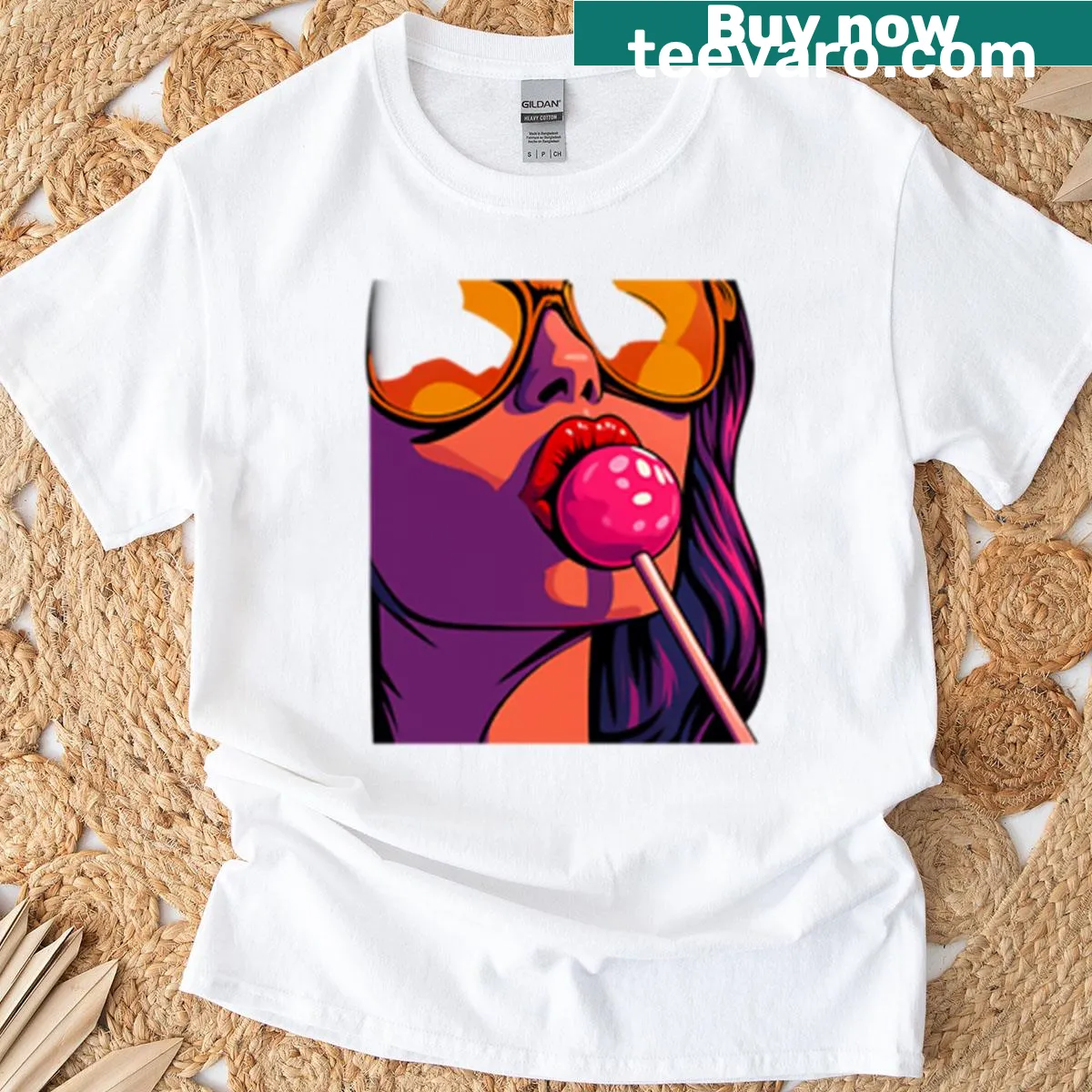 Bold pop art illustration T-shirt featuring a woman with sunglasses — on a men's t-shirt