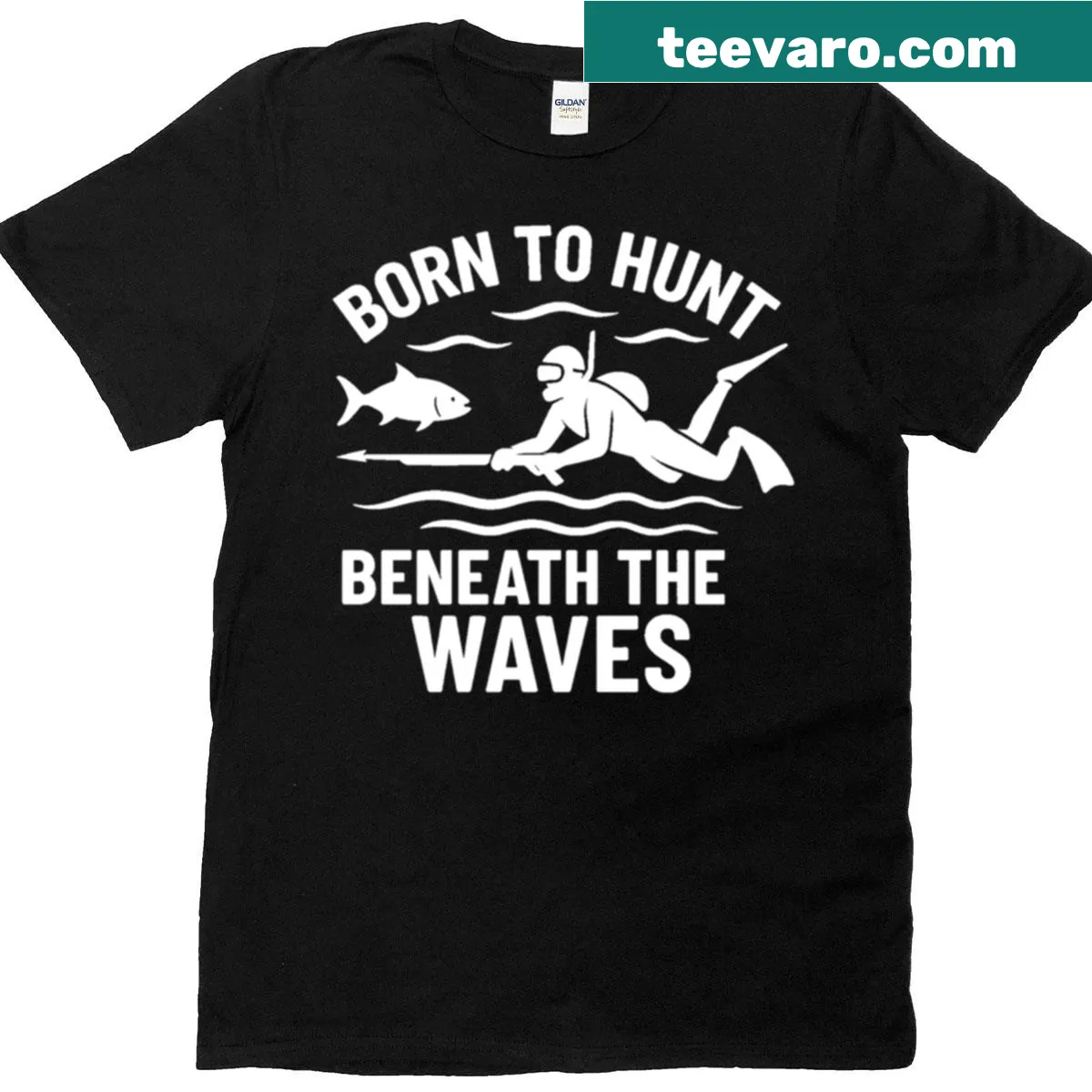 Harpoon fishing t-shirt with the text Born To Hunt Beneath The Waves — on a men's t-shirt