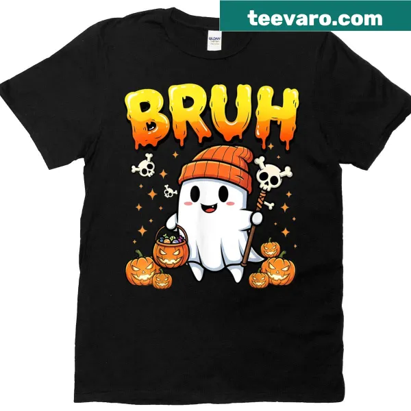 Cartoon ghost t-shirt for kids featuring pumpkins and candy for Halloween.