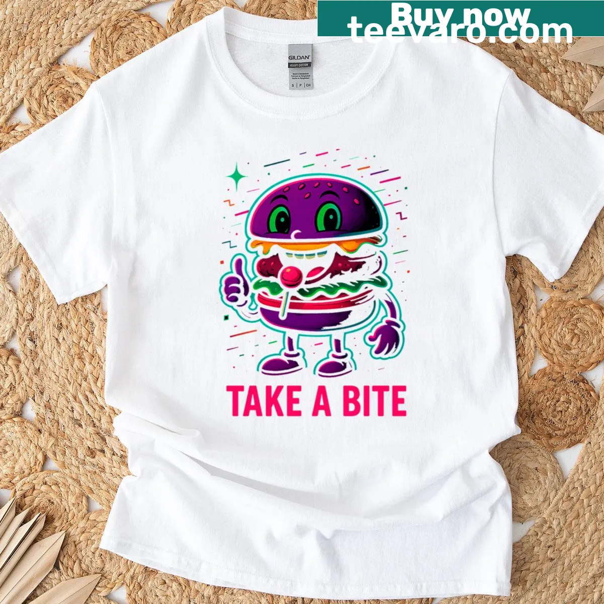 Whimsical burger character design on a neon-themed T-shirt — on a men's t-shirt