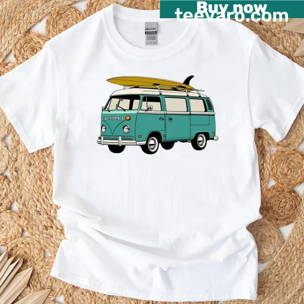 Illustration of a surf van on a California beach T-shirt