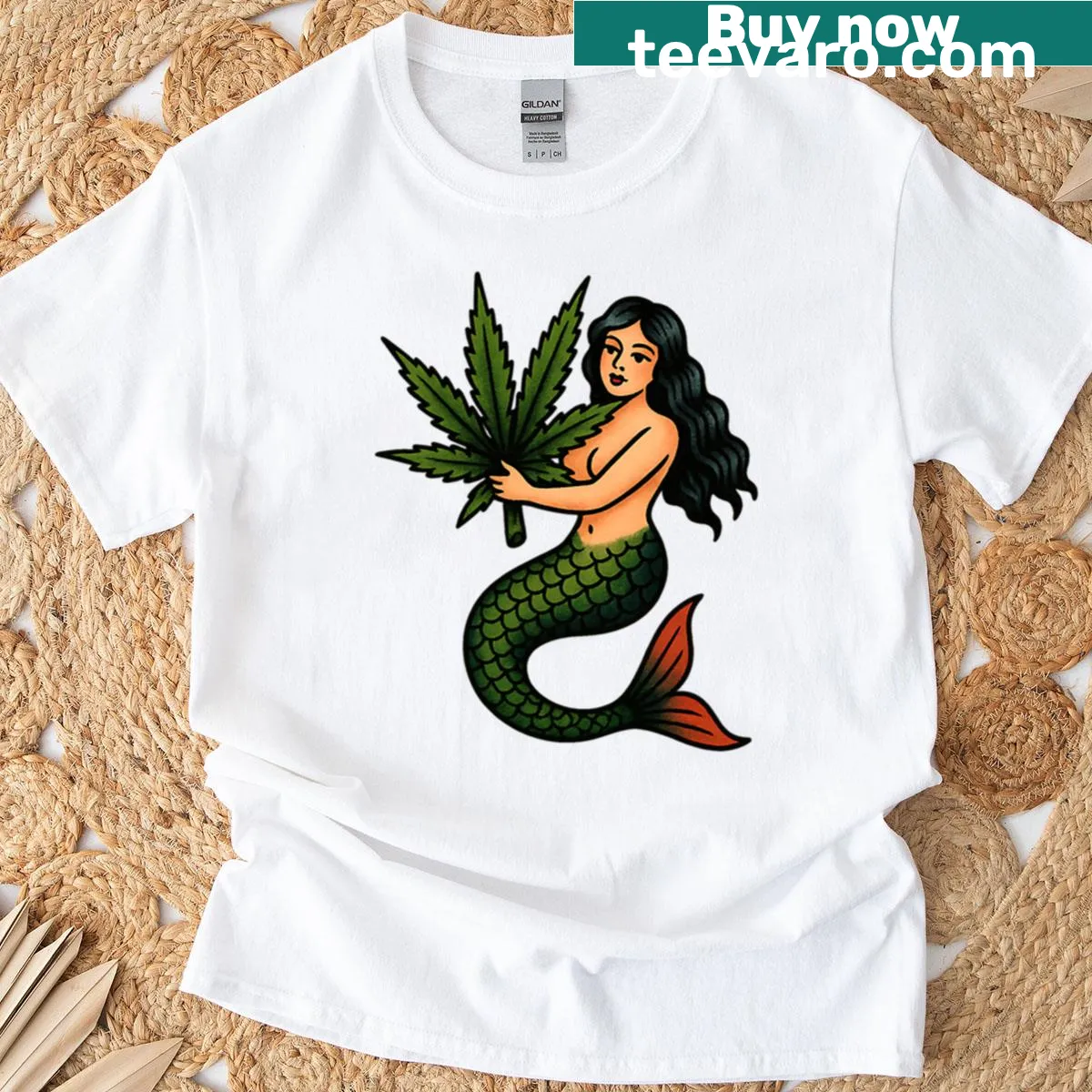 Mermaid and cannabis design in old school tattoo style on a T-shirt — on a men's t-shirt