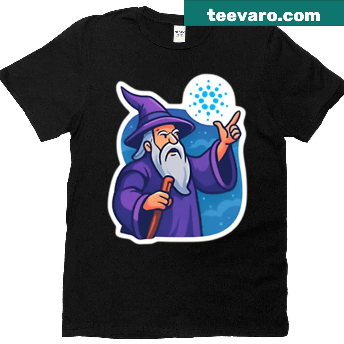 Wizard casting magic graphic on Cardano t-shirt — on a men's t-shirt