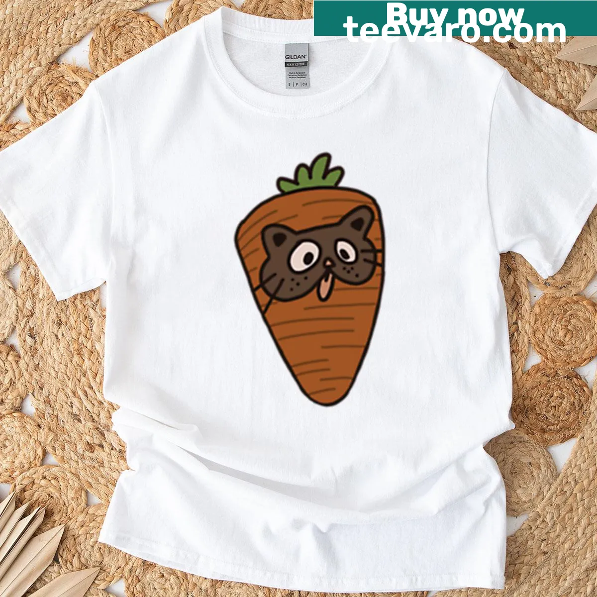 Cartoon cat with carrot head graphic on T-shirt — on a men's t-shirt