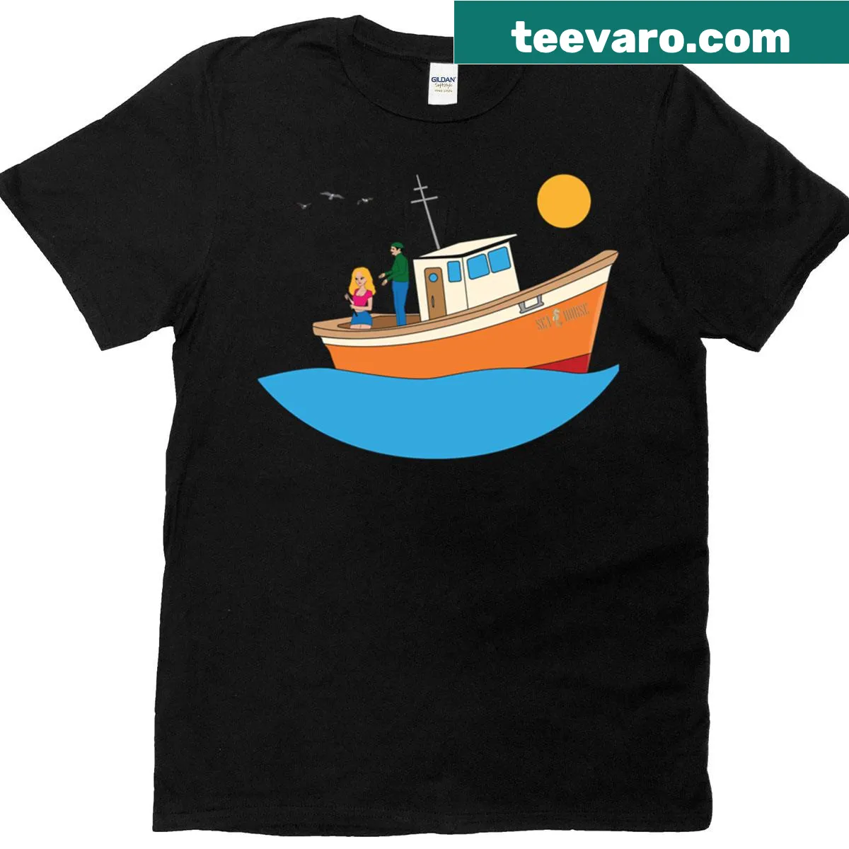 Minimalist fishing-themed Cast Off t-shirt — on a men's t-shirt