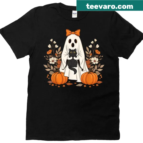 Funny vintage-style Halloween T-shirt featuring a cat and ghost design