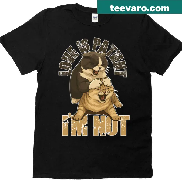 Cat-themed T-shirt with biblical message about love and patience