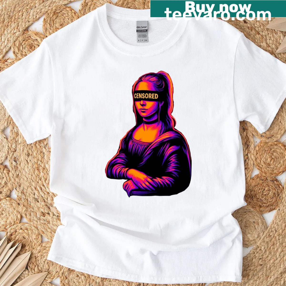 Humorous t-shirt featuring a censored take on the Mona Lisa painting. — on a men's t-shirt
