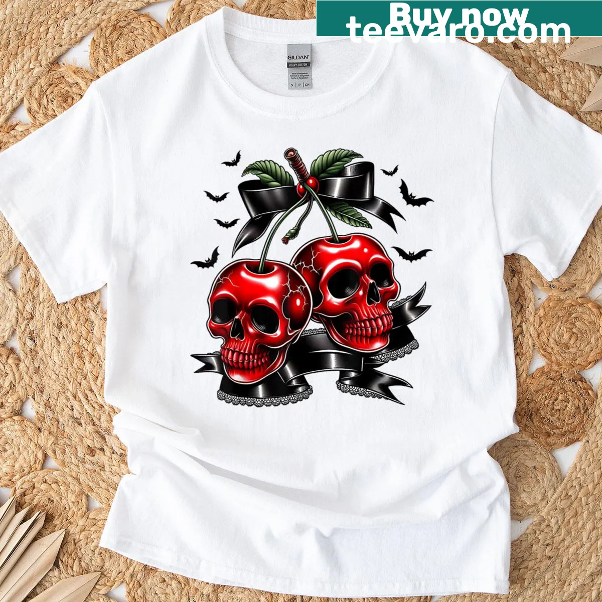 Gothic t-shirt with cherry skulls design for women — on a men's t-shirt