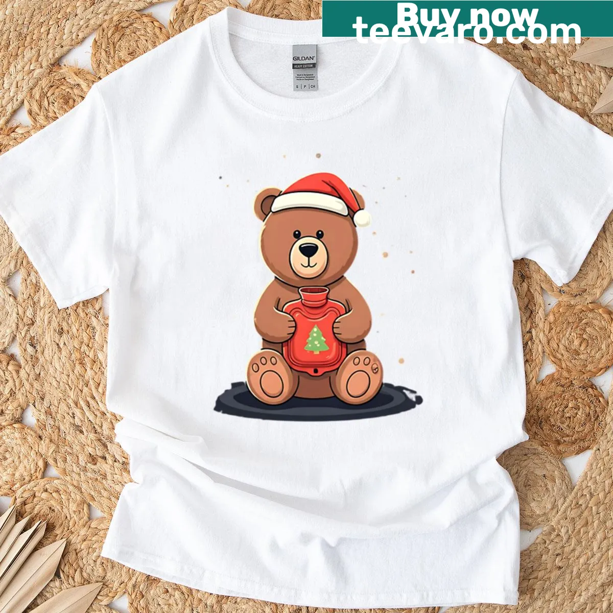 Illustration of a bear with a hot water bottle on a winter holiday t-shirt — on a men's t-shirt