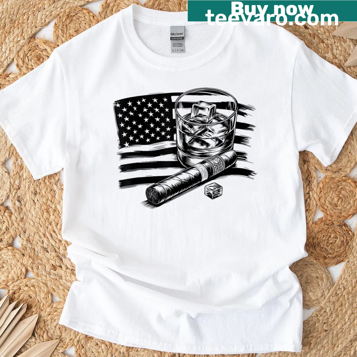 Cigar Whiskey t-shirt featuring American flag and bourbon references — on a men's t-shirt