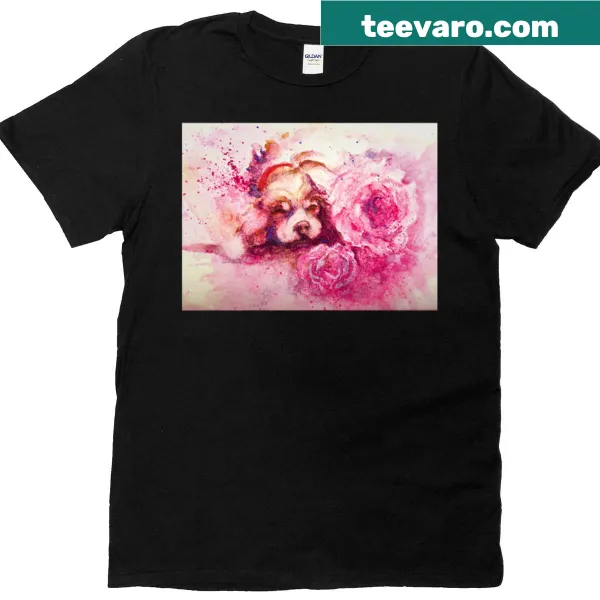 T-shirt featuring a Cocker Spaniel with pink peonies illustration