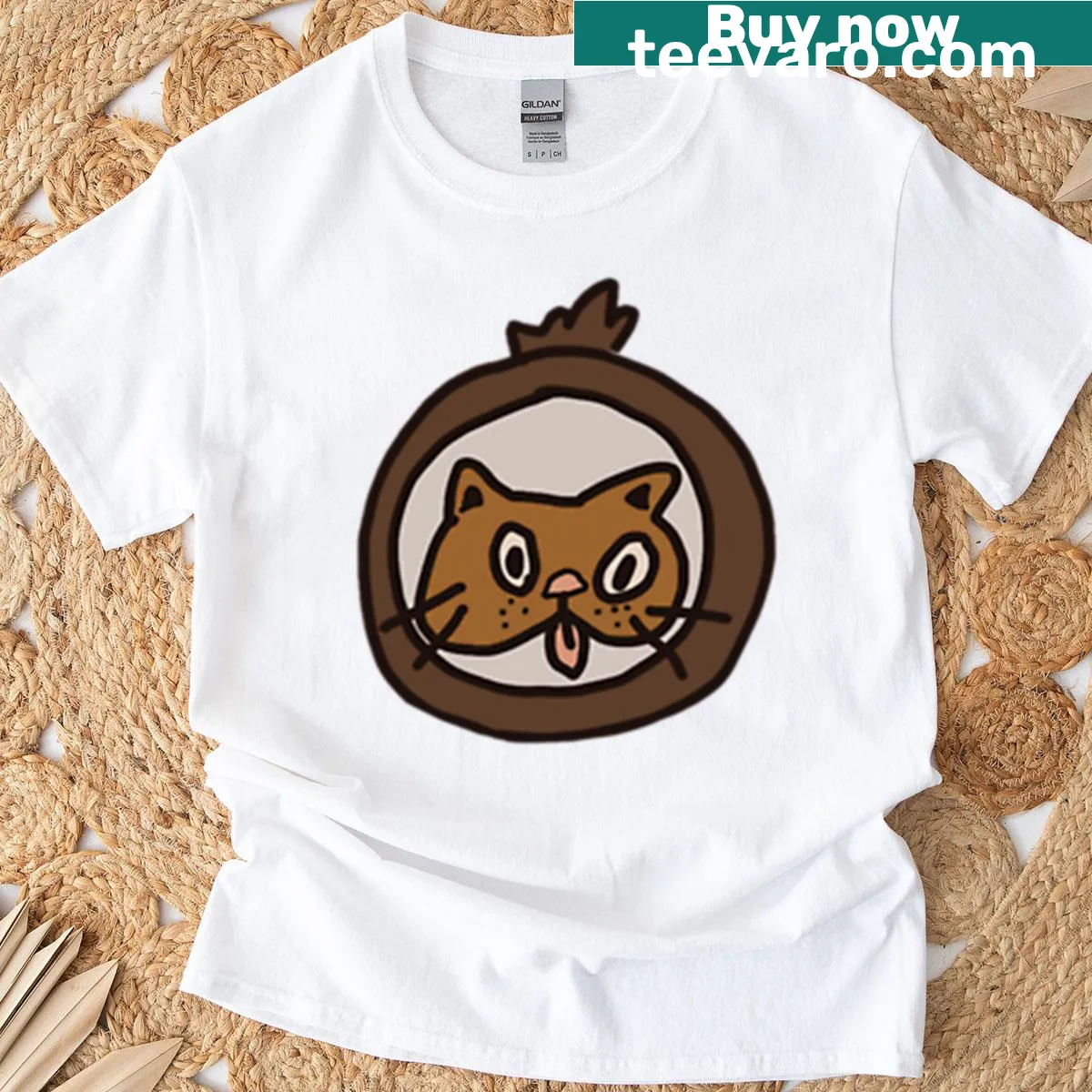 Cute T-shirt featuring a cartoon cat head with coconut elements — on a men's t-shirt