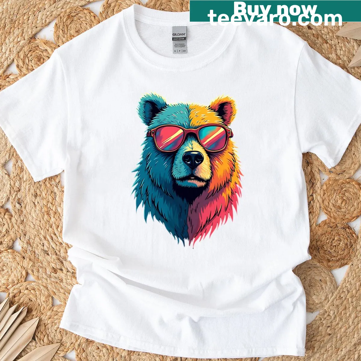 Bear wearing sunglasses illustrated on a wildlife-themed T-shirt — on a men's t-shirt