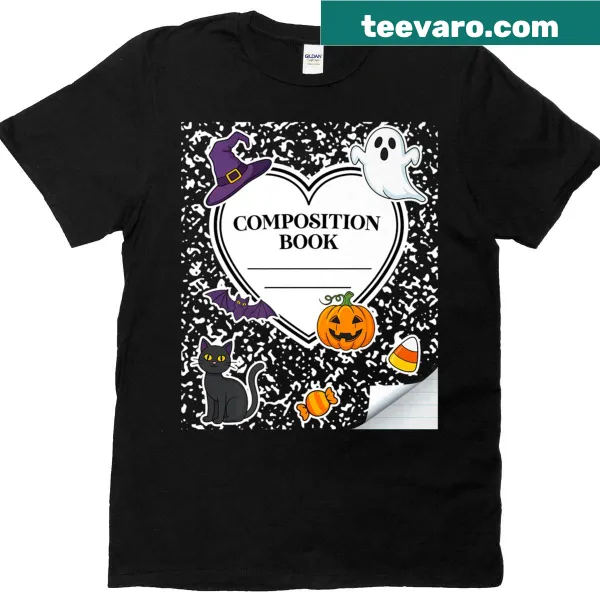 Graphic T-shirt resembling a composition notebook for Halloween.