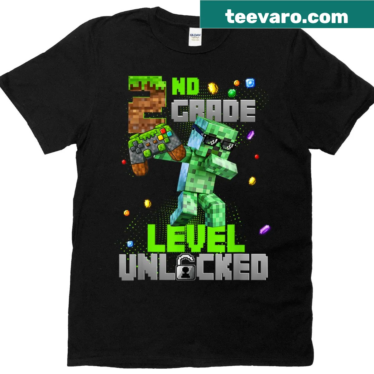 T-shirt featuring a graphic about '2nd Grade Level Unlocked' with a game controller. — on a men's t-shirt