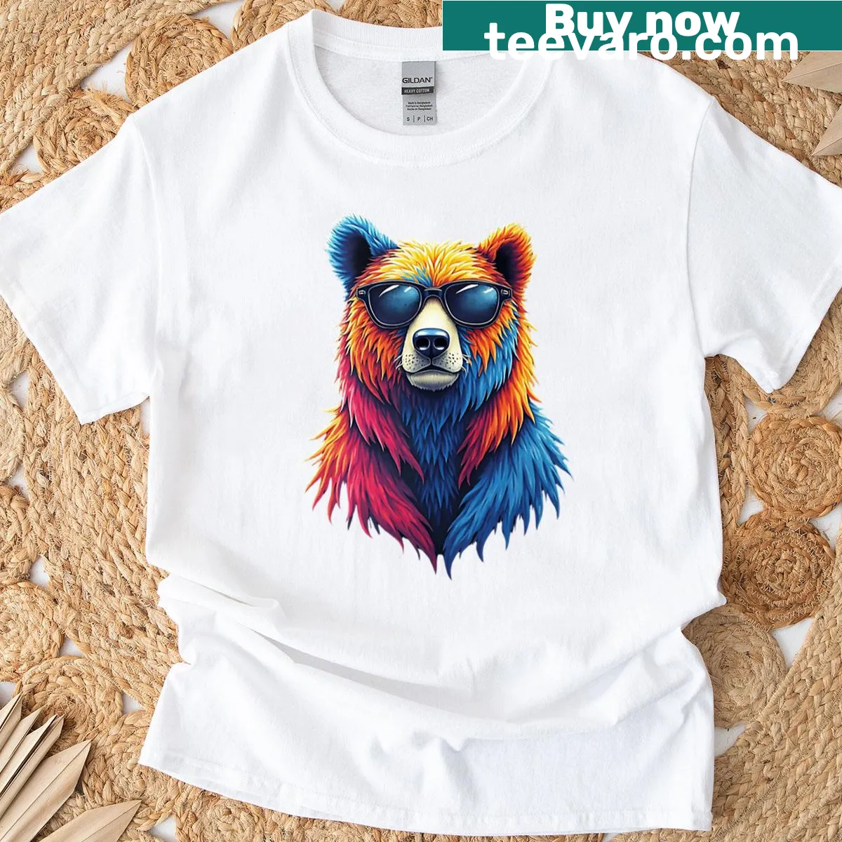 Cartoon bear wearing sunglasses on a graphic T-shirt — on a men's t-shirt