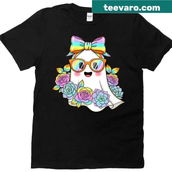 Cute kawaii ghost with rainbow bow and sunglasses