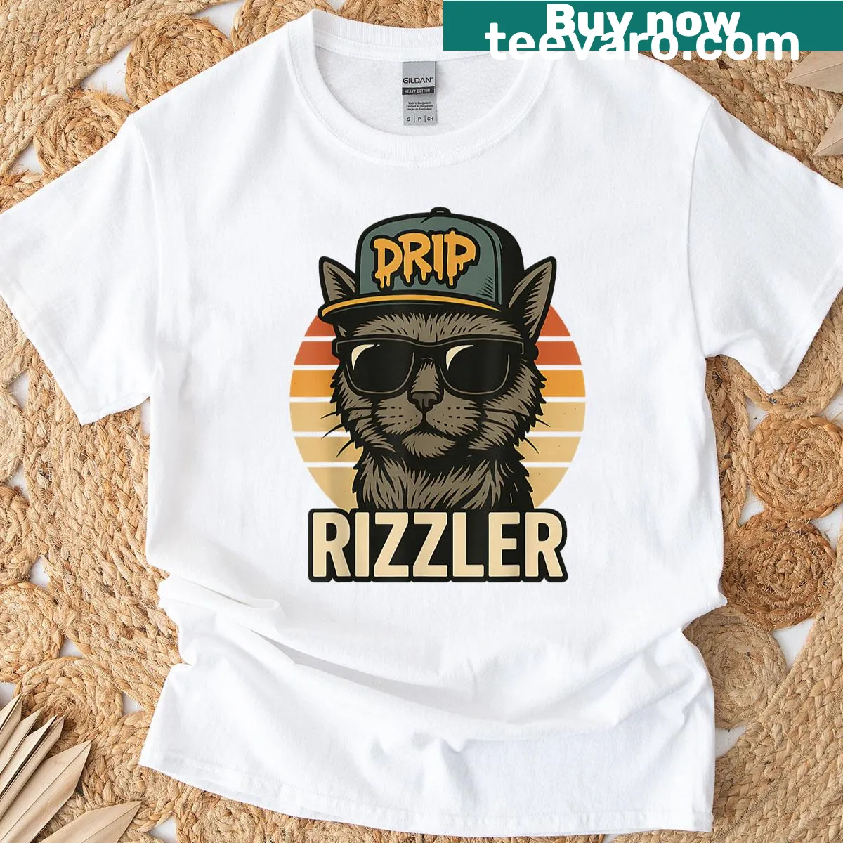 Funny retro sunset cat graphic on a vintage-style t-shirt — on a men's t-shirt