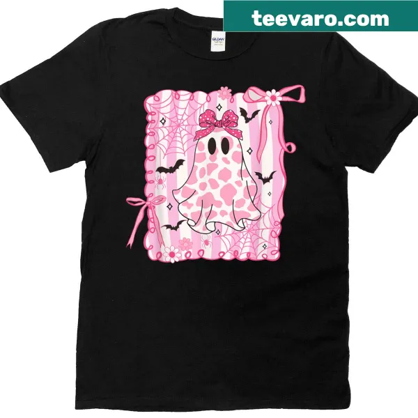 Illustration of a cute coquette ghost with lace accents on a Halloween T-shirt