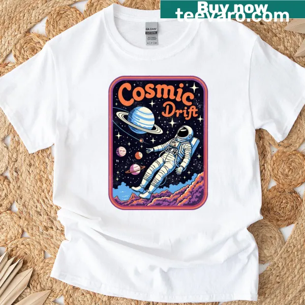 Retro astronaut t-shirt depicting an astronaut floating in space
