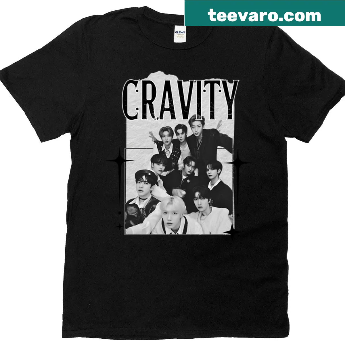 Scrapbook collage design of Cravity on t-shirt — on a men's t-shirt