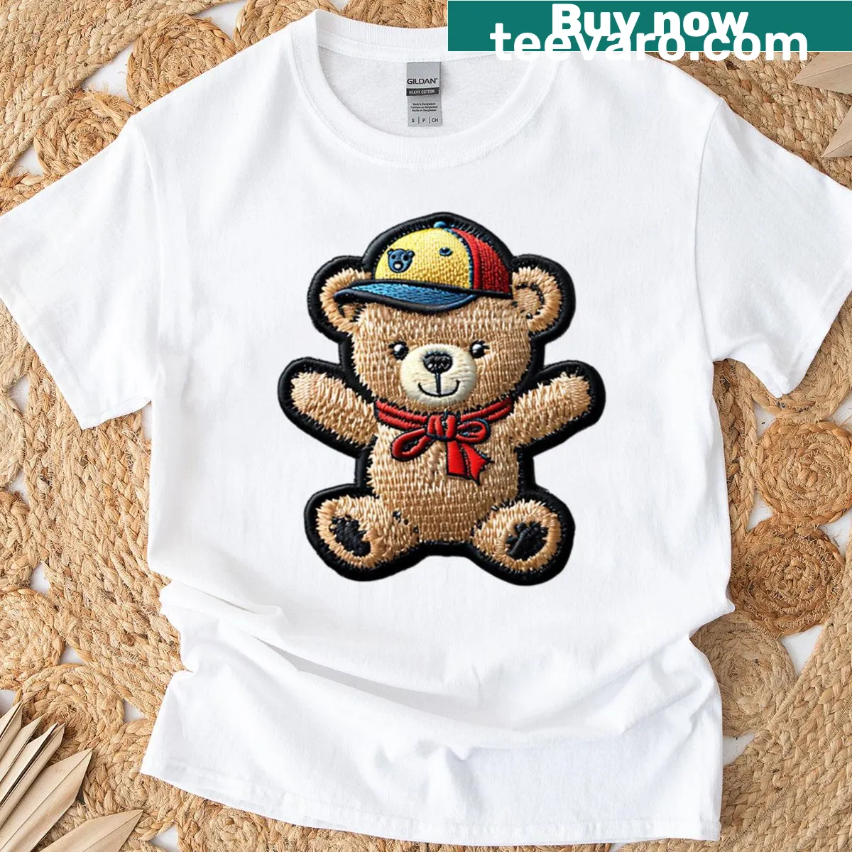 Cute bear with colorful hat and ribbon embroidered badge t-shirt — on a men's t-shirt