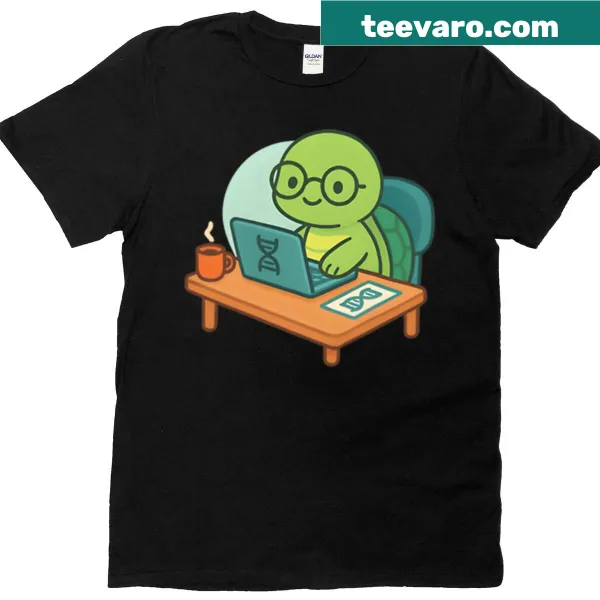 Cute cartoon turtle graphic related to bioinformatics on t-shirt