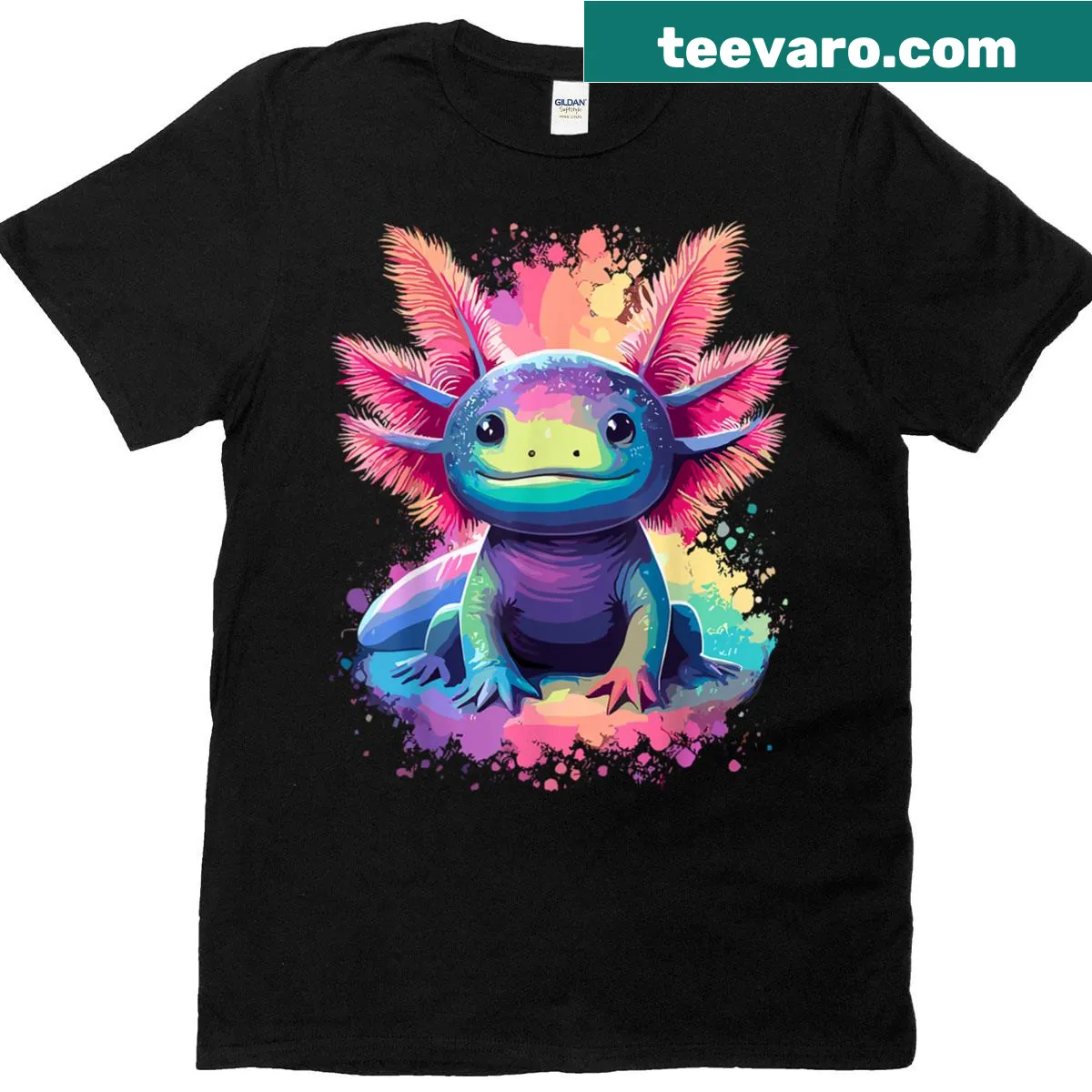 Kawaii axolotl design with splash art on a T-shirt — on a men's t-shirt