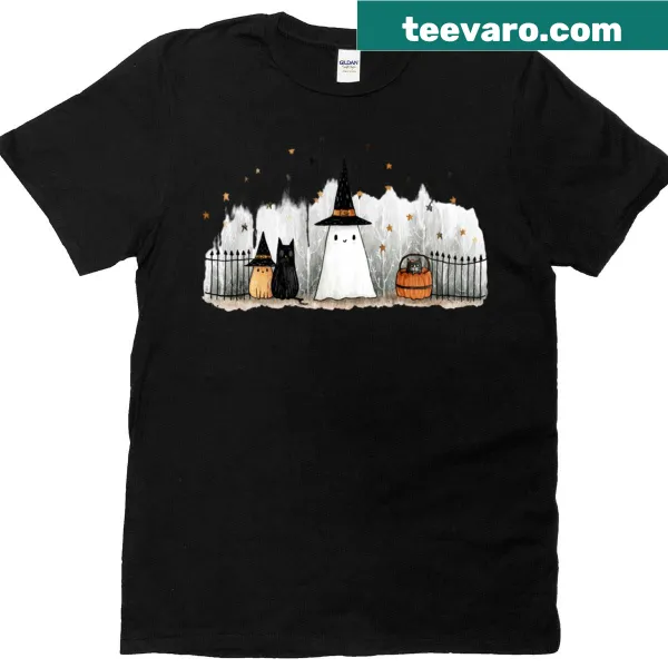 Graphic tee featuring a cute ghost and cats in Halloween costumes