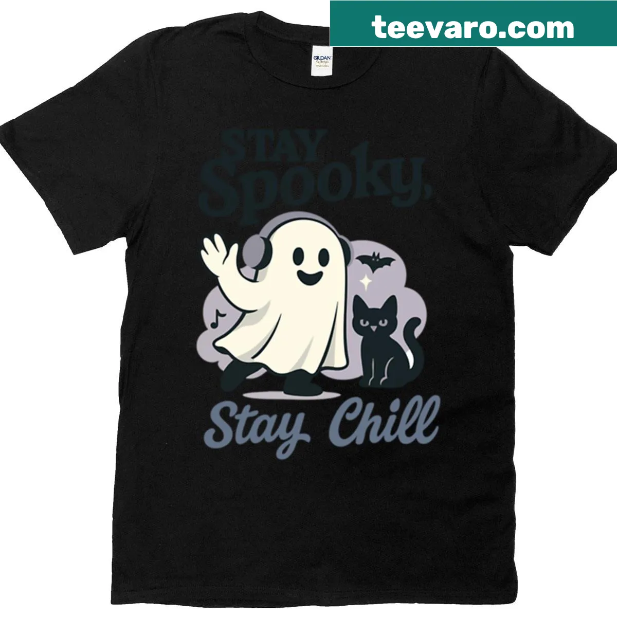 Illustration of a cute ghost with headphones and a black cat for Halloween — on a men's t-shirt