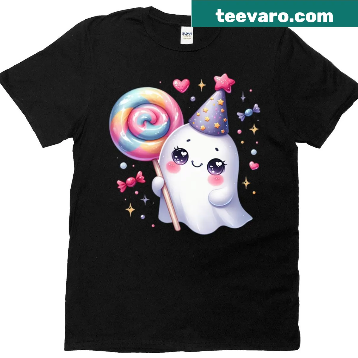 Kawaii-style t-shirt featuring a cute ghost with candy for Halloween — on a men's t-shirt